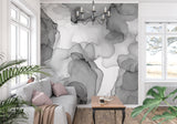 Home office with grey watercolor wallpaper adding sophistication