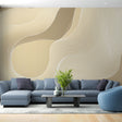 Abstract line art wallpaper creating a peaceful atmosphere in a modern living room with beige and white flowing curves