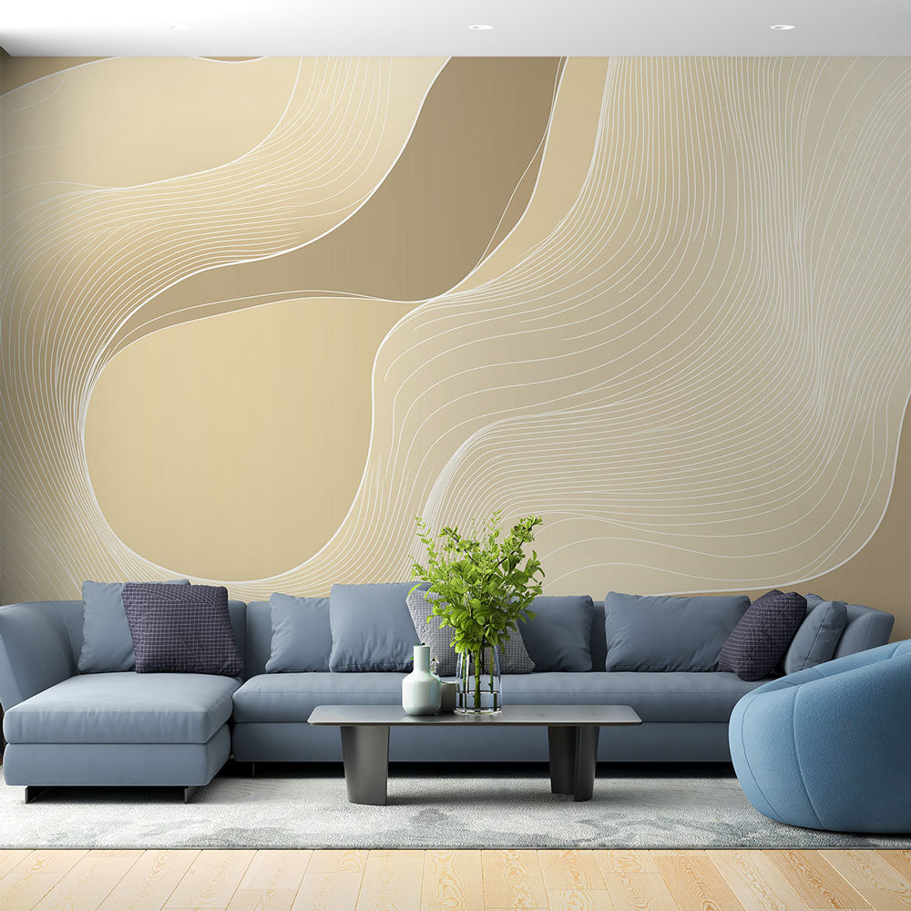 Abstract line art wallpaper creating a peaceful atmosphere in a modern living room with beige and white flowing curves