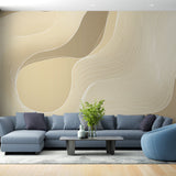 Abstract line art wallpaper creating a peaceful atmosphere in a modern living room with beige and white flowing curves