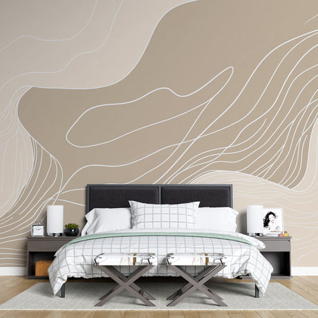 Abstract line wallpaper creating a calming atmosphere in a modern living room, beige flowing pattern adding depth to white walls