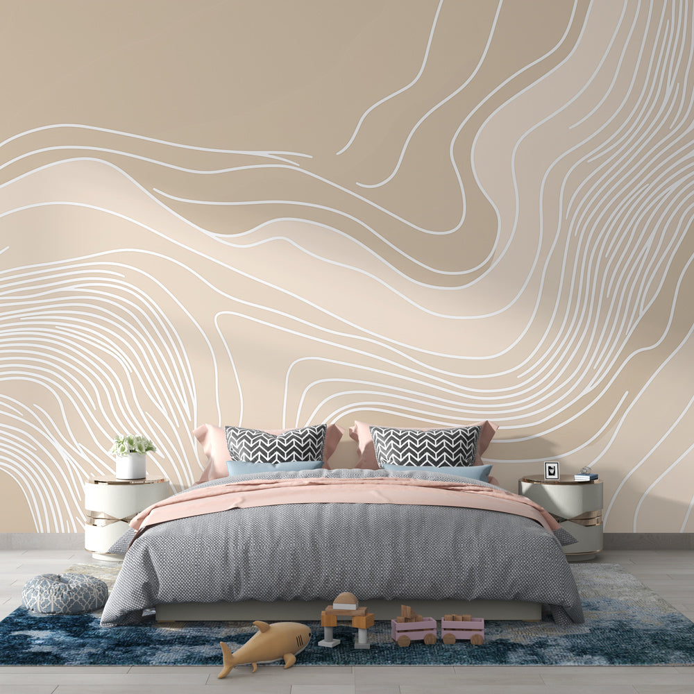 Abstract flowing lines wallpaper in beige showcased in a minimal Scandinavian living room setting