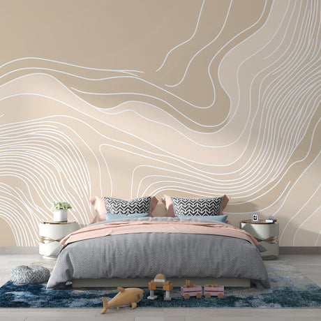 Abstract flowing lines wallpaper in beige showcased in a minimal Scandinavian living room setting