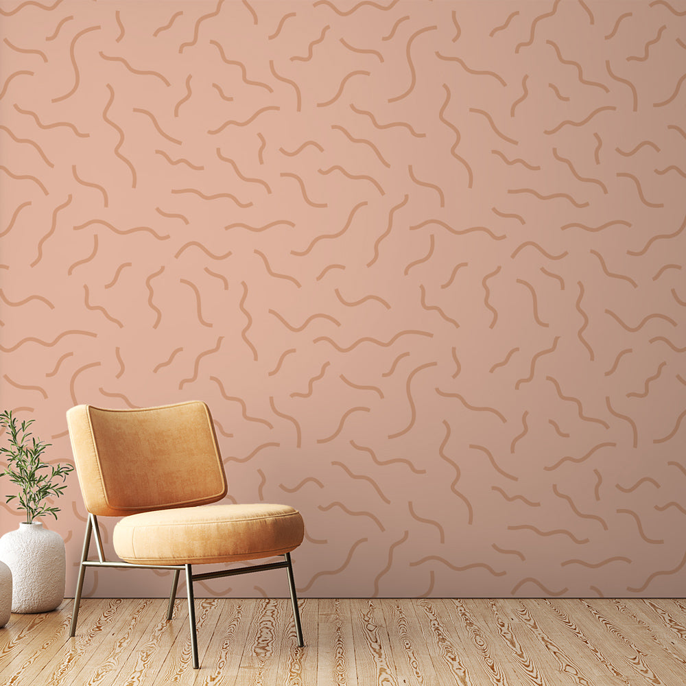 Abstract line wallpaper with terracotta flowing pattern shown in a modern minimalist living room setting