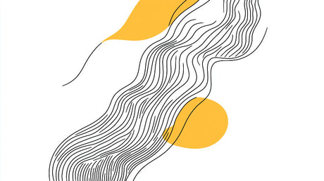 Abstract flowing lines wallpaper design file with black curves and yellow circular accents on white