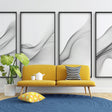 Modern living room featuring a dramatic Black and White Smoke Wallpaper creating depth and sophistication against minimal furniture