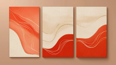 Abstract wave wallpaper in terracotta and gold tones creating a warm atmosphere in a modern living room setting