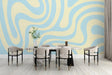 Abstract wave wallpaper in modern living room showing flowing blue and beige curves creating peaceful atmosphere