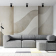 Abstract wave wallpaper creating depth in a minimalist living room, soft neutral tones complement modern furniture