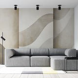Abstract wave wallpaper creating depth in a minimalist living room, soft neutral tones complement modern furniture