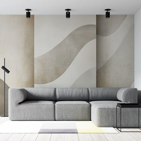 Abstract wave wallpaper creating depth in a minimalist living room, soft neutral tones complement modern furniture
