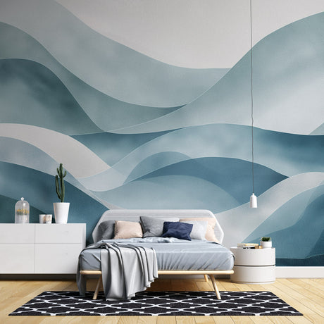 Abstract wave wallpaper creating a serene atmosphere in a modern living room with minimalist furniture