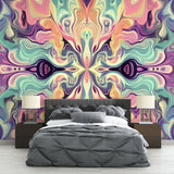 Abstract fluid art wallpaper in mint and pink tones creating a calming atmosphere in a modern living room