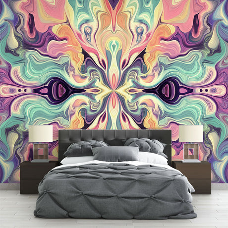 Abstract fluid art wallpaper in mint and pink tones creating a calming atmosphere in a modern living room