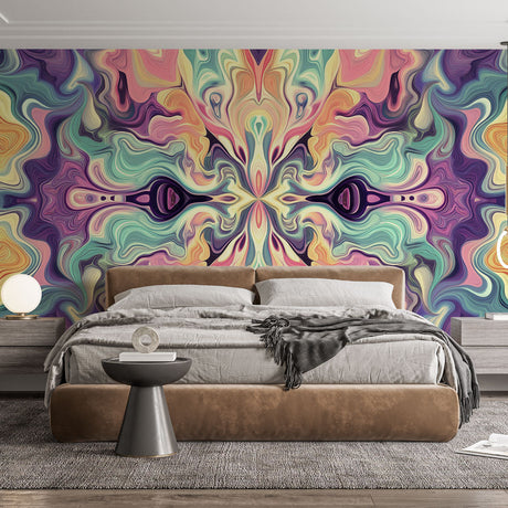 Abstract fluid art wallpaper creating a modern statement wall in a bright minimalist living room with pastel furniture
