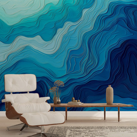Blue wave abstract wallpaper mural creating a peaceful atmosphere in a modern living room with white furniture