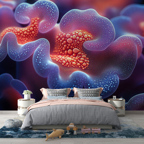 Abstract fluid wallpaper with coral and purple tones creating a dramatic backdrop in a modern living room setting