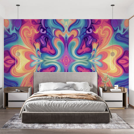 Abstract fluid rainbow wallpaper bringing vibrant energy to a modern living room with white furniture
