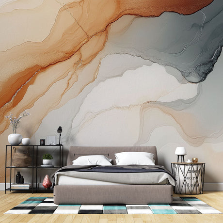 Abstract fluid art wallpaper in modern living room, showing flowing terracotta and grey patterns creating a calm atmosphere