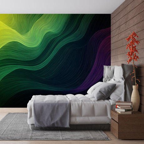 Abstract wave wallpaper in green and purple creating a modern flow effect in a bright living room setting