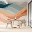 Abstract wave wallpaper in modern living room, showing fluid ocean and terracotta tones creating a peaceful atmosphere