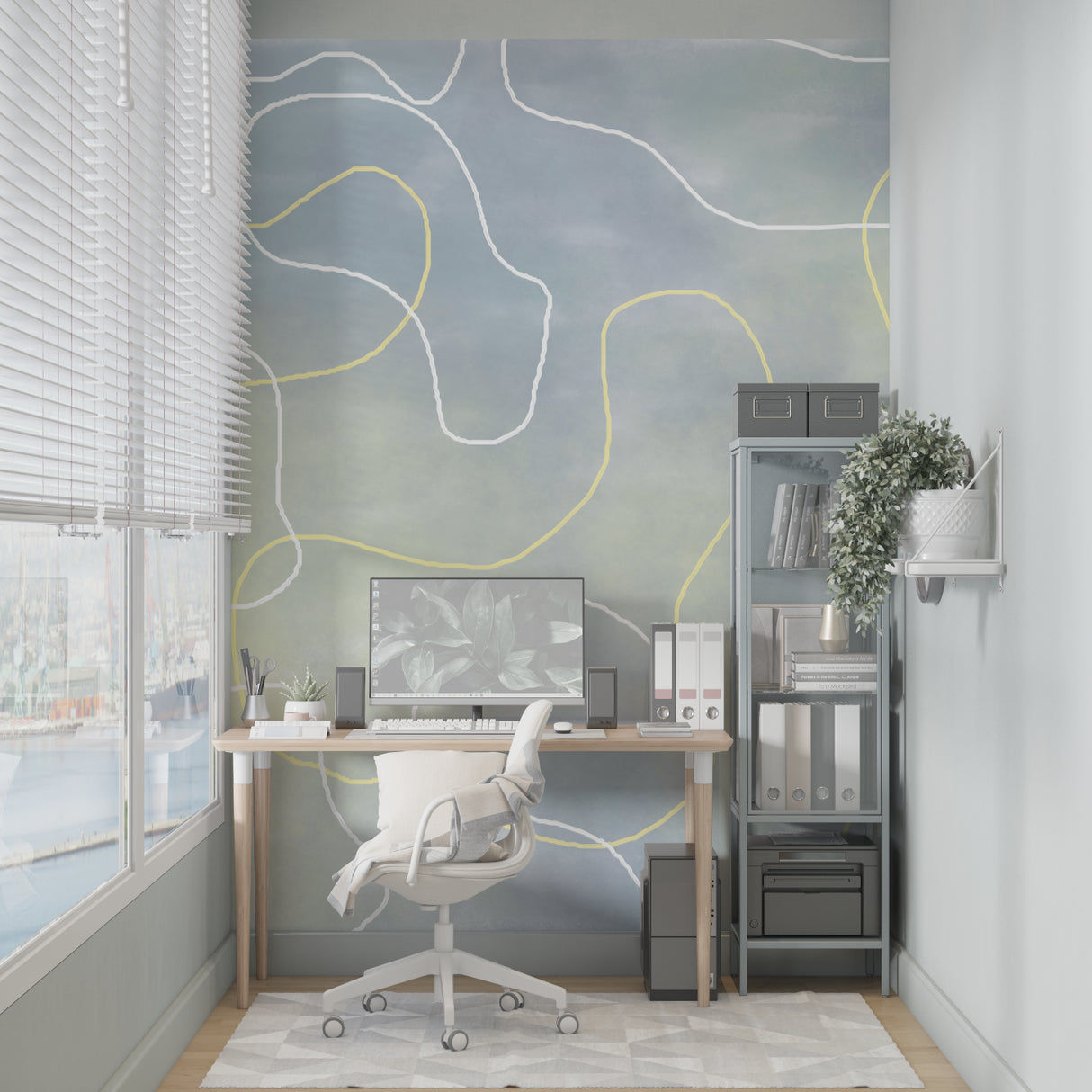 Yellow and grey abstract wall mural adding movement to a minimalist bedroom setting