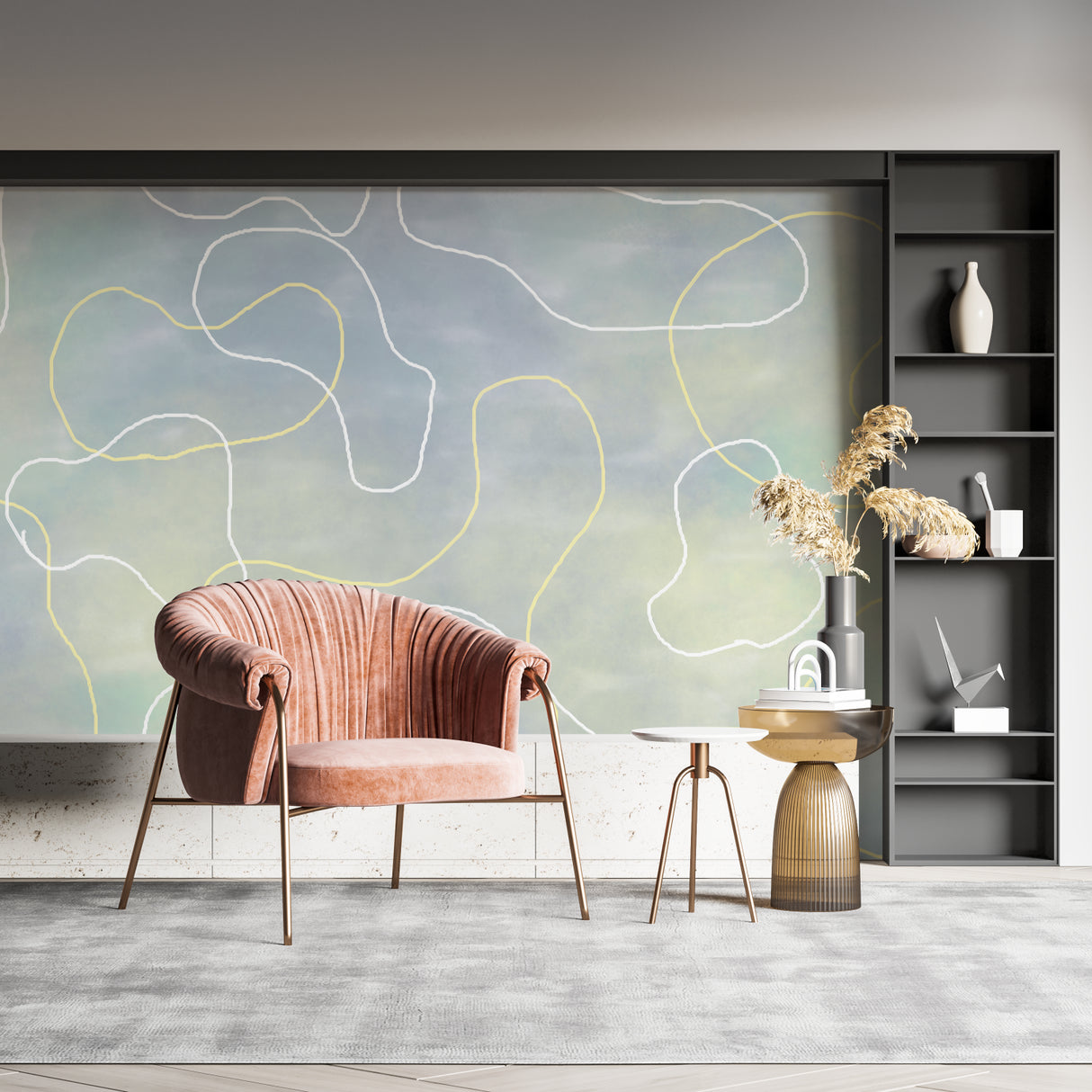 Modern abstract wallpaper installation in a contemporary hallway setting