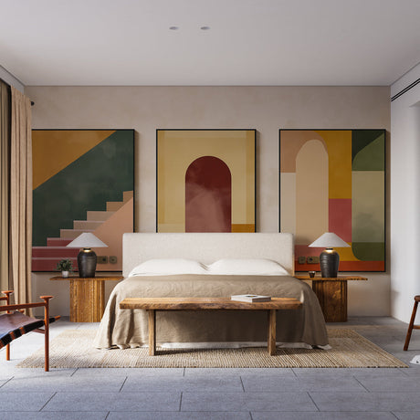 Modern geometric wallpaper mural showcasing abstract arches in a bright, contemporary living room setting