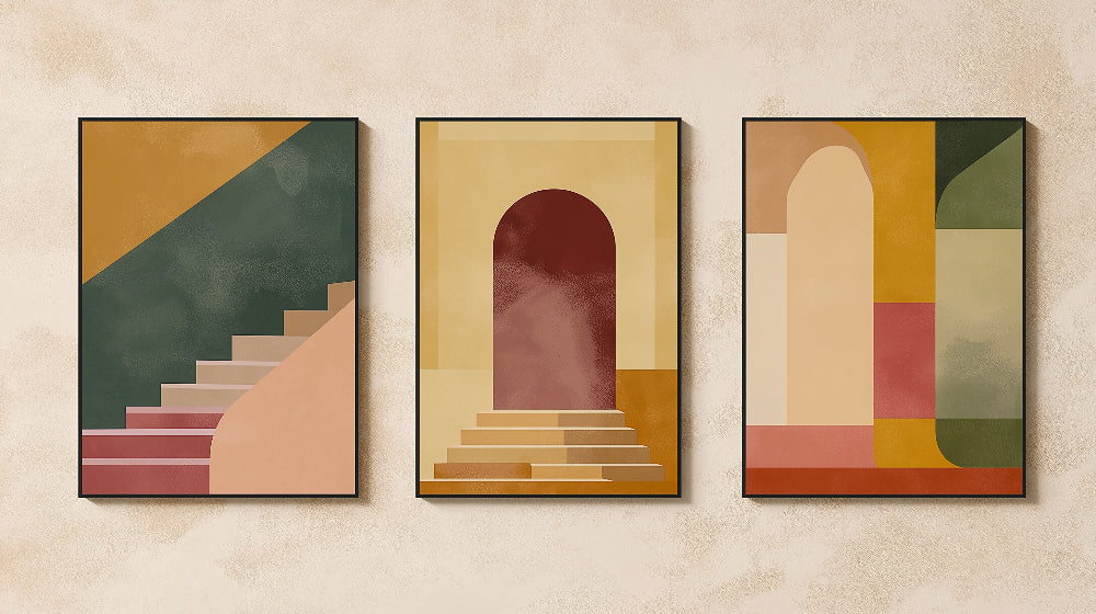 Geometric abstract wallpaper design file with architectural forms and warm earth tones
