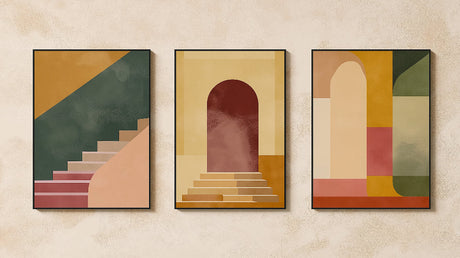 Geometric abstract wallpaper design file with architectural forms and warm earth tones