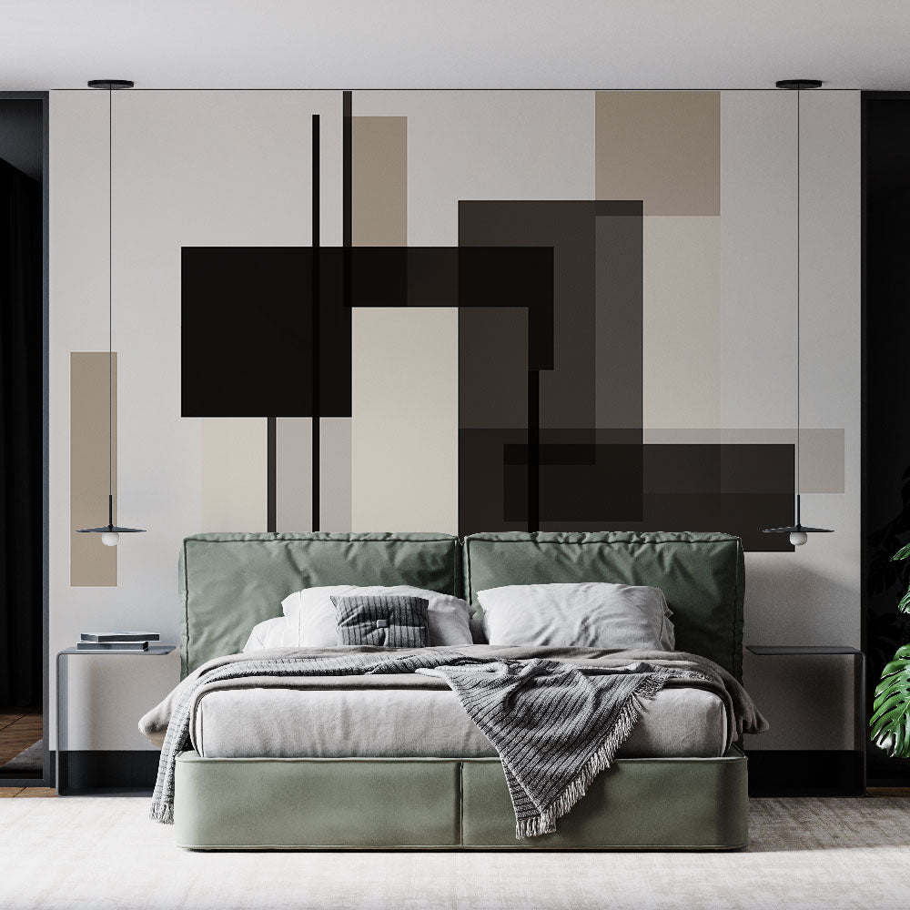 Modern geometric black and beige wallpaper mural in a minimalist living room with natural light and contemporary furniture