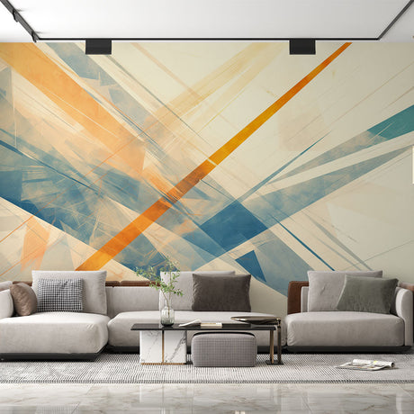 Modern geometric abstract wallpaper in a minimalist office space, blue and orange shapes creating depth