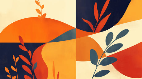 Geometric botanical design file showing detailed orange and navy pattern with stylized leaf motifs