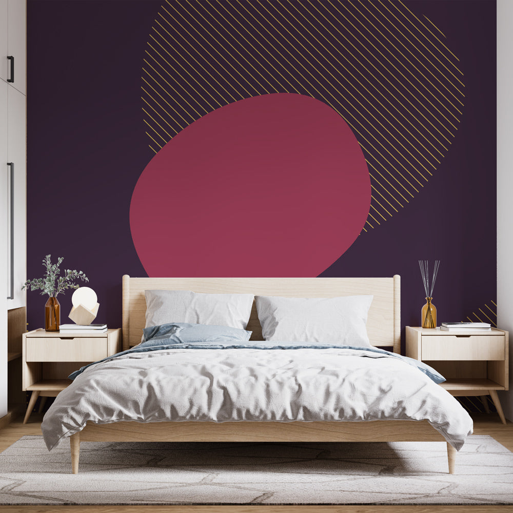 Modern Abstract Geometric Wallpaper with purple and gold accents making a statement in a minimalist living room