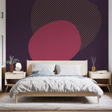 Modern Abstract Geometric Wallpaper with purple and gold accents making a statement in a minimalist living room