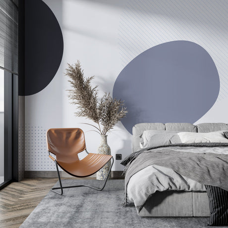 Modern geometric wallpaper with circles and lines creating depth in a bright, minimalist living room setting