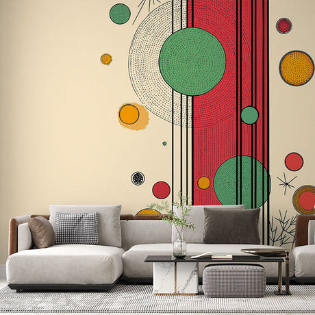 Modern abstract geometric circle wallpaper in a bright living room with mid-century furniture and natural light