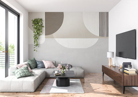 Modern geometric wallpaper with curved lines in a bright living room setting showing grey and beige tones