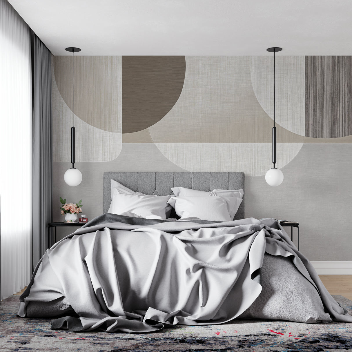 Abstract geometric wall mural in a minimal bedroom highlighting soft curves and neutral colors