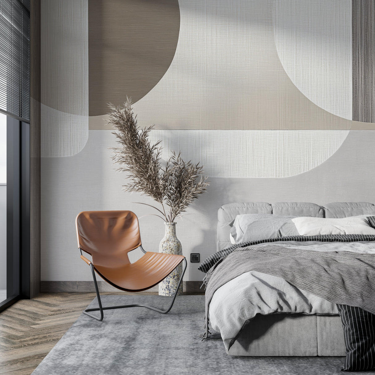 Contemporary home office featuring geometric curved wallpaper in soothing grey and beige