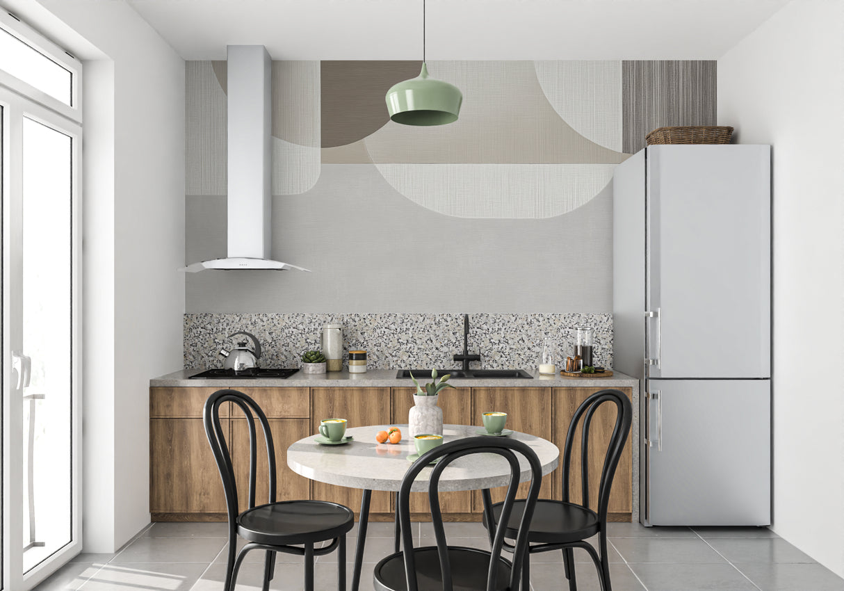 Modern dining room with abstract geometric wallpaper showing flowing curves in neutral tones