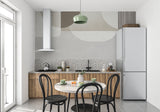 Modern dining room with abstract geometric wallpaper showing flowing curves in neutral tones
