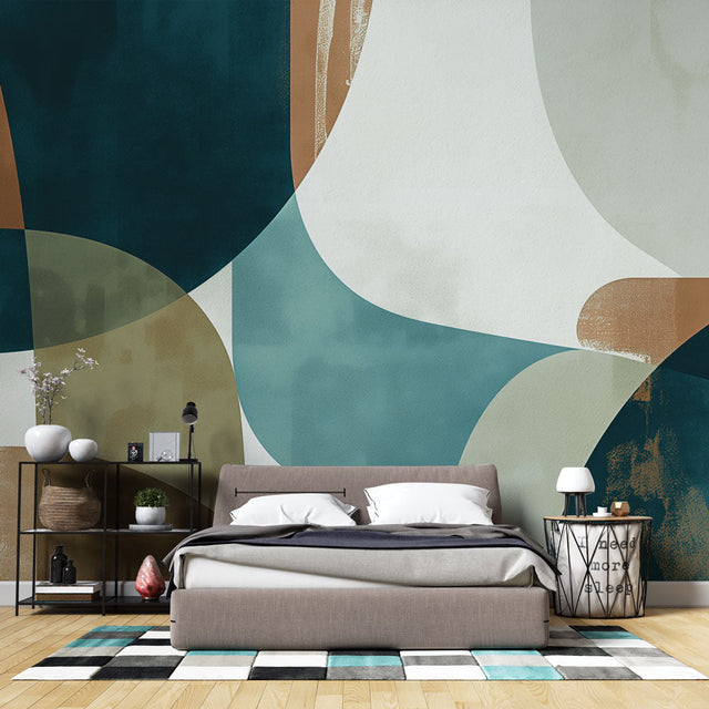 Abstract geometric wallpaper with curved patterns in tundra colors shown in a bright modern living room setting