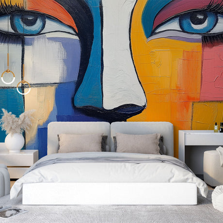 Modern Abstract Face Wallpaper creating dramatic focal point in minimalist living room with contemporary furniture