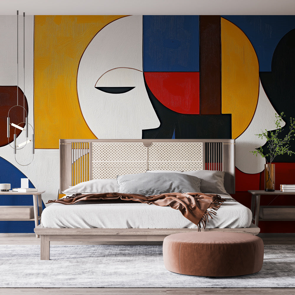 Modern living room showcasing a bold Geometric Abstract Face wallpaper mural with art deco elements and striking colors