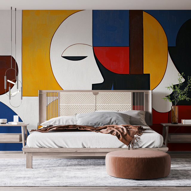 Modern living room showcasing a bold Geometric Abstract Face wallpaper mural with art deco elements and striking colors