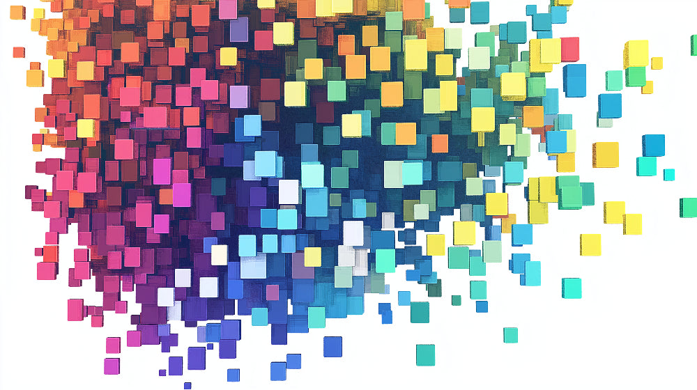 Geometric floating squares design file showing vibrant color spectrum pattern on white background