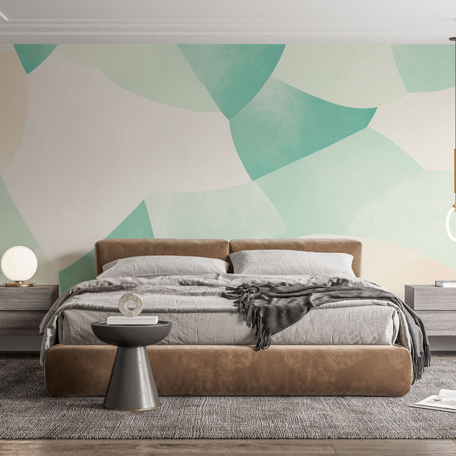 Modern living room featuring mint green geometric abstract wallpaper creating a fresh and open atmosphere