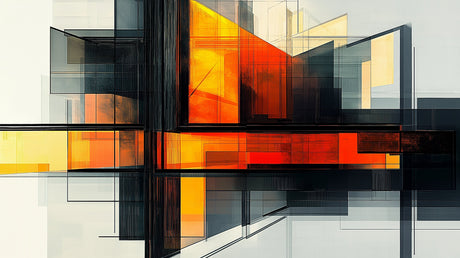 Modern geometric abstract wallpaper with orange and black shapes displayed in a minimalist living room setting