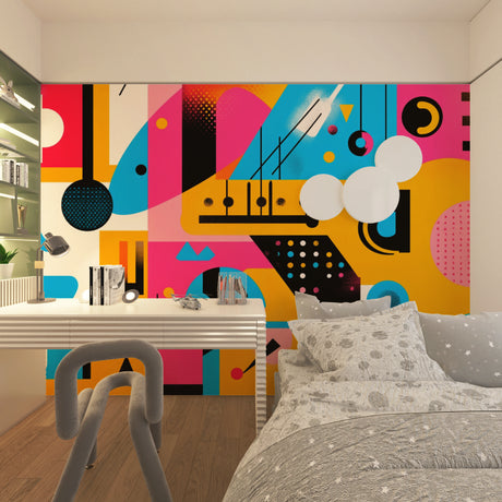 Abstract geometric wallpaper creating a bold statement in a modern living room with white furniture